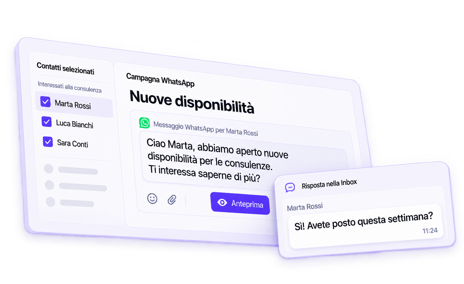 Demo di campagna WhatsApp: i contatti selezionati, il messaggio per Marta e la sua risposta nell’inbox.