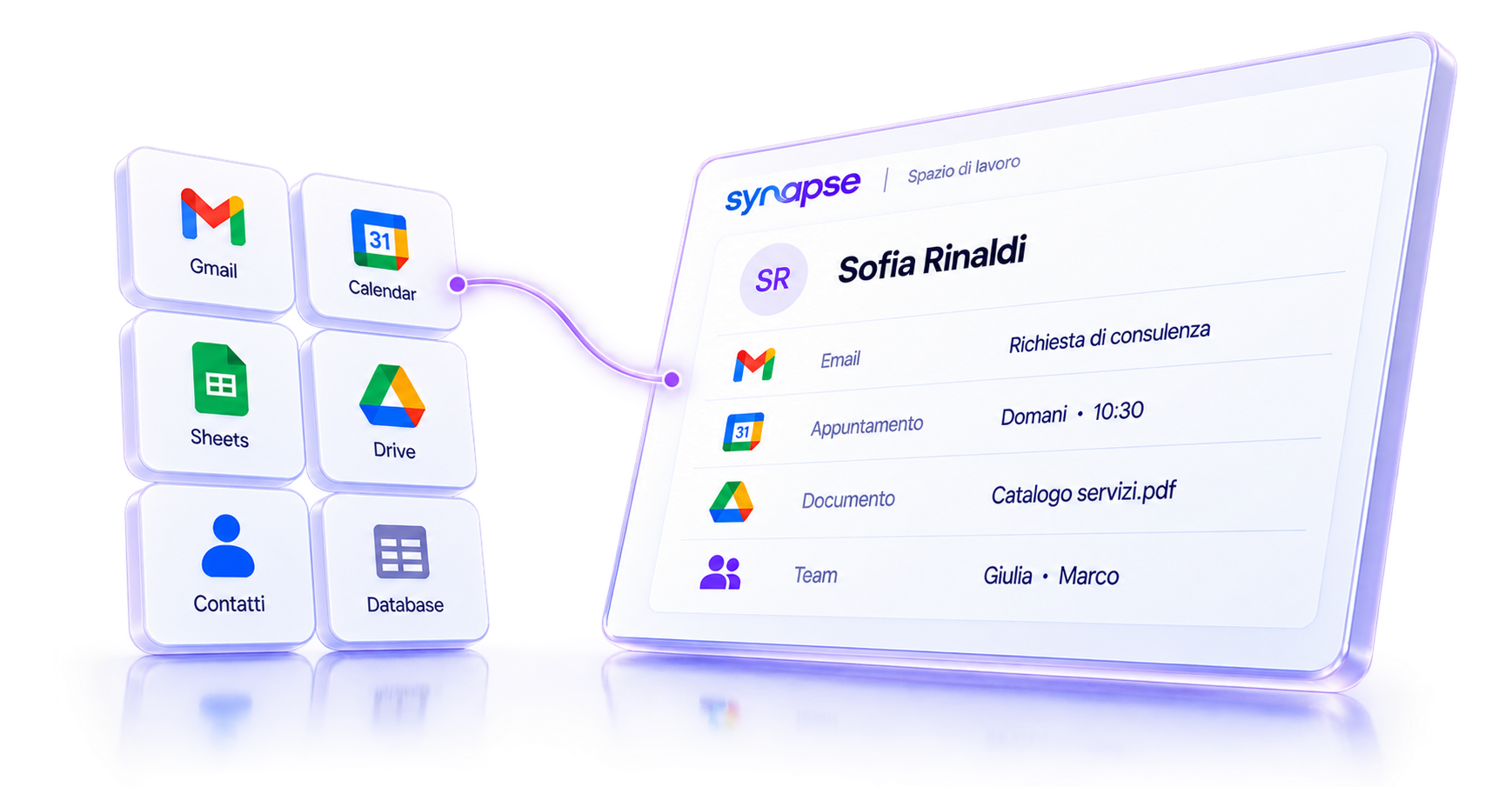 Illustrazione 3D: Gmail, Calendar, Sheets, Drive, Contatti e Database collegati allo spazio Synapse, su uno schermo perlato inclinato.